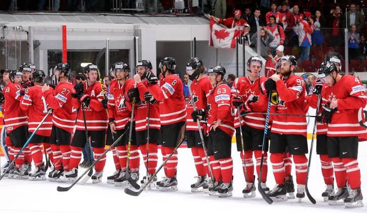 ST. PETERSBURG, RUSSIA. MAY 12, 2016. Canada s players in the 2016 IIHF World Championship WM Weltmeisterschaft Preliminary Round Group B Ice hockey Eishockey match against Germany at Yubileyny Sports Palace. Team Canada won the game 5:2. Alexander Demianchuk TASS  TS022B57