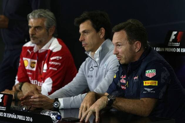 Spanish Grand Prix, Barcelona 12 - 15 May 2016 13.05.2016 - press conference PK Pressekonferenz (L-R) Maurizio Arrivabene (ITA) Ferrari Team Principal, Toto Wolff (GER) Mercedes AMG F1 Shareholder and Executive Director and Christian Horner (GBR), Red Bull Racing, Sporting Director 