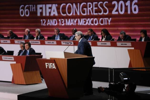President of Football Federacion of Kosovo (FFK) Fadil Vokrri (front) delivers a speech during the second day of 66th FIFA Congress in Mexico City, Mexico, 13 May 2016. FIFA congress runs from 12 to 13 May 2016. EFE Jose Mendez 66th FIFA Congress in Mexico City !ACHTUNG: NUR REDAKTIONELLE NUTZUNG!  MEX50 20160513-635987725398086340