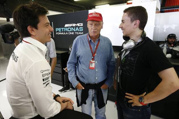 Formel 1, GP von Spanien, 3. Freies Training Motorsports: FIA Formula One World Championship WM Weltmeisterschaft 2016, Race in Barcelona, Toto Wolff (AUT, Mercedes AMG Petronas Formula One Team),Niki Lauda (AUT, Mercedes AMG Petronas F1 Team),Jorge Lorenzo 99 (SPA), xHOCHxZWEIx