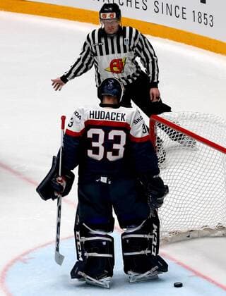 ST. PETERSBURG, RUSSIA. MAY 14, 2016. Slovakia s goalie Julius Hudacek (front) concedes a goal in their 2016 IIHF World Championship WM Weltmeisterschaft Preliminary Round Group B Ice hockey Eishockey match against Canada at the Yubileyny Sports Palace. Team Canada won the game 5-0. Alexander Demianchuk TASS  TS022FBD