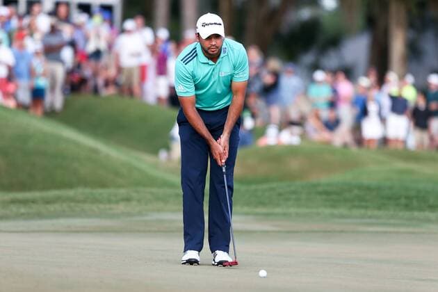 May 14, 2016 - Ponte Vedra Beach, Florida, United States - Jason Day lines up a putt on the 18th green during the third round of The PLAYERS Championship at TPC Sawgrass. Golf 2016 - The PLAYERS Championship - Round 3 - ZUMAw109
