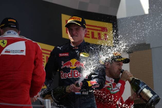 Formel 1, GP von Spanien, Sieger Max Verstappen Spanish Grand Prix, Barcelona 12 - 15 May 2016 15.05.2016- Race 2, 1st position Max Verstappen (NED) Red Bull Racing RB12, 2nd position Kimi Raikkonen (FIN) Scuderia Ferrari SF16-H and 3rd position Sebastian Vettel (GER) Scuderia Ferrari SF16-H 