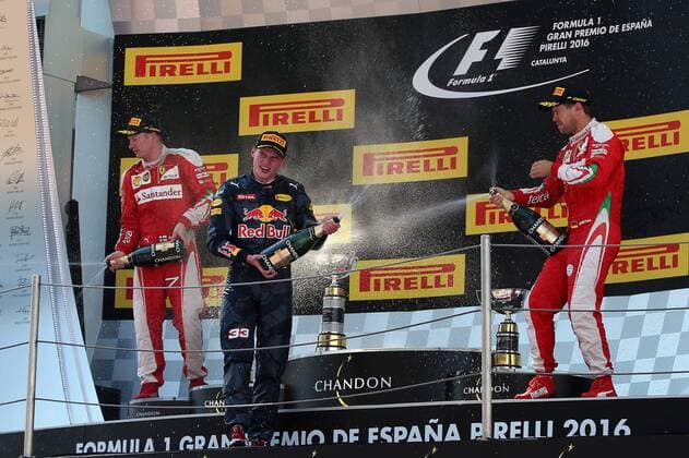 Formel 1, GP von Spanien, Sieger Max Verstappen Podium, Kimi Raiikkoenen, Scuderia Ferrari, Max Verstappen, Red Bull Racing, Sebastian Vettel, Scuderia Ferrari, formula 1 GP, Spanien in Barcelona 15.05.2016 Photo:mspb Jerry Andre Podium, Kimi Raiikkoenen, Max Verstappen, Sebastian Vettel, formula 1 GP, Spanien