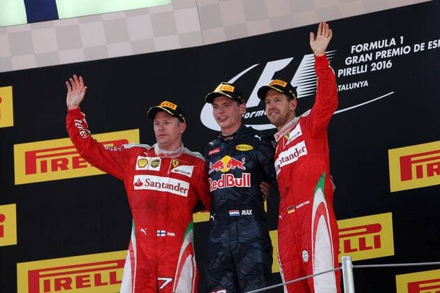 Spanish Grand Prix, Barcelona 12 - 15 May 2016 15.05.2016- Race 2, 1st position Max Verstappen (NED) Red Bull Racing RB12, 2nd position Kimi Raikkonen (FIN) Scuderia Ferrari SF16-H and 3rd position Sebastian Vettel (GER) Scuderia Ferrari SF16-H 