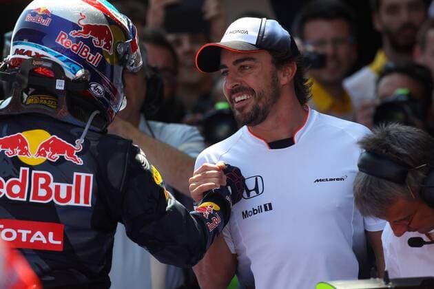 Spanish Grand Prix, Barcelona 12 - 15 May 2016 15.05.2016- Race 2, Max Verstappen (NED) Red Bull Racing RB12 race winner with Fernando Alonso (ESP) McLaren Honda MP4-31 