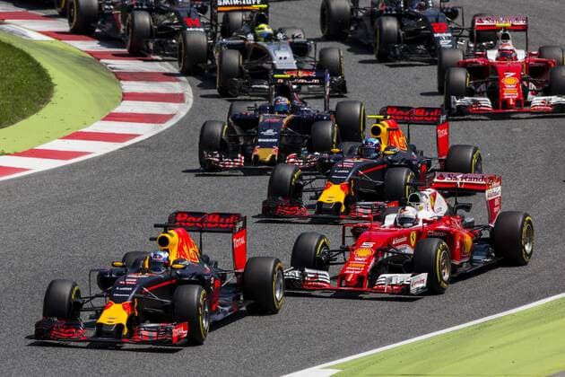 SPAIN - May,15th: Daniel Ricciardo, team Red Bull, Sebastian Vettel, team Ferrari, Max Verstappen, Carlos Sainz, team Toro Rosso and Kimi Raikkonen during the race of the Spanish Grand Prix of Formula One, celebrated at Barcelona-Catalonia ciruit on 15th May 2016 in Barcelona, Spain. (Credit: Mikel Trigueros Urbanandsport Cordon Press) --------------------------------------------- SPAIN - Mayo,15: Daniel Ricciardo, team Red Bull, Sebastian Vettel, team Ferrari, Max Verstappen, Carlos Sainz, team Toro Rosso y Kimi Raikkonen durante la carrera del Gran Premio de Espana de Formula Uno celebrada en el circuito de Barcelona-Cataluna, el 15 de Mayo del 2016 en Barcelona, Espa?a. (Foto: Mikel Trigueros Urbanandsport Cordon Press) xMikelxTriguerosx xSPAINx-xGP-FORMULA-ONE-F1x-xx-x2015 16x