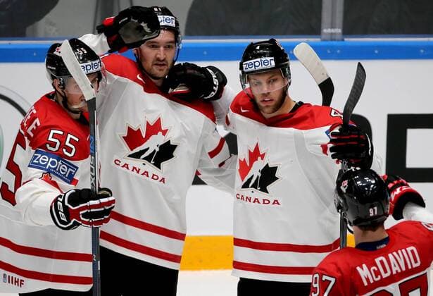 ST. PETERSBURG, RUSSIA. MAY 16, 2016. Canada s Mark Scheifele, Mark Stone, who has scored a goal, Taylor Hall and Connor McDavid (L-R) in the 2016 IIHF World Championship WM Weltmeisterschaft Preliminary Round Group B Ice hockey Eishockey match against France at Yubileyny Sports Palace. Alexander Demianchuk TASS  TS023361