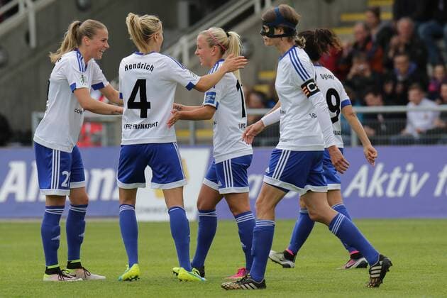 v.li.: Ana-Maria Crnogorcevic (Frankfurt, 21), Kathrin-Julia Hendrich (Kathi Hendrich, Frankfurt, 4), Torschützin Mandy Islacker (Frankfurt, 17), Kerstin Garefrekes (Frankfurt, 18) und Yuki Ogimi (Frankfurt, 9) jubeln über das 4:0, Jubel, Torjubel, Torerfolg, celebrate the goal, goal, celebration, Jubel ueber das Tor, optimistisch, Action, Aktion, Fussball, Allianz Frauen-Bundesliga, 1. FFC Frankfurt - Bayer 04 Leverkusen, xozx