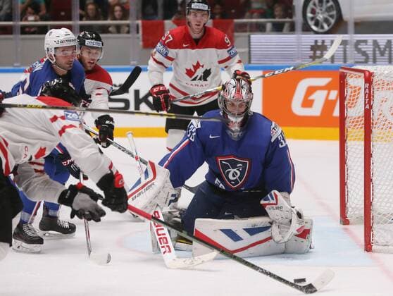 ST. PETERSBURG, RUSSIA. MAY 16, 2016. France s Gregory Beron, Canada s Taylor Hall, Connor MacDavid and France s goalie Ronan Quemener (L-R) in action in their 2016 IIHF World Championship WM Weltmeisterschaft Preliminary Round Group B Ice hockey Eishockey match at Yubileyny Sports Palace. The Canadian Team won the game 4:0. Sergei Savostyanov TASS  TS0233E6