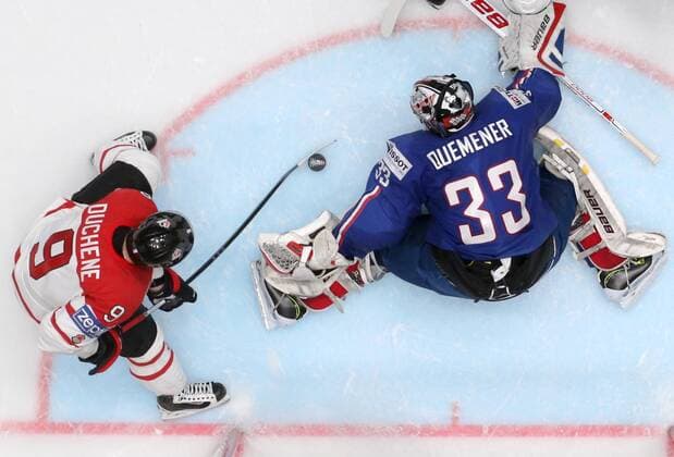 ST. PETERSBURG, RUSSIA. MAY 16, 2016. Canada s Matt Duchene (L) and France s goalie Ronan Quemener in action in their 2016 IIHF World Championship WM Weltmeisterschaft Preliminary Round Group B Ice hockey Eishockey match at Yubileyny Sports Palace. The Canadian Team won the game 4:0. Alexander Demianchuk TASS  TS0233F4