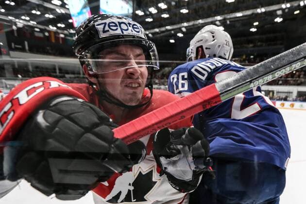 ST. PETERSBURG, RUSSIA. MAY 16, 2016. Canada s Chris Tanev (L) and France s Benjamin Dieude Fauvel in action in their 2016 IIHF World Championship WM Weltmeisterschaft Preliminary Round Group B Ice hockey Eishockey match at Yubileyny Sports Palace. The Canadian Team won the game 4:0. Sergei Savostyanov TASS  TS023401