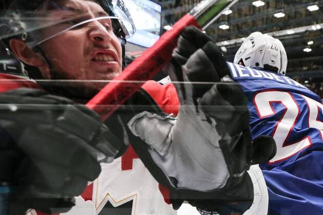 ST. PETERSBURG, RUSSIA. MAY 16, 2016. Canada s Chris Tanev (L) and France s Benjamin Dieude Fauvel in action in their 2016 IIHF World Championship WM Weltmeisterschaft Preliminary Round Group B Ice hockey Eishockey match at Yubileyny Sports Palace. The Canadian Team won the game 4:0. Sergei Savostyanov TASS  TS023402