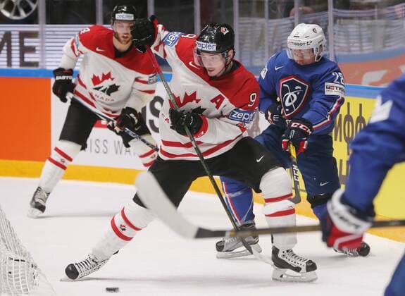 ST. PETERSBURG, RUSSIA. MAY 16, 2016. Canada s Taylor Hall, Matt Duchene and France s Damien Raux (L-R) in their 2016 IIHF World Championship WM Weltmeisterschaft Preliminary Round Group B Ice hockey Eishockey match at Yubileyny Sports Palace. The Canadian Team won the game 4:0. Sergei Savostyanov TASS  TS023411