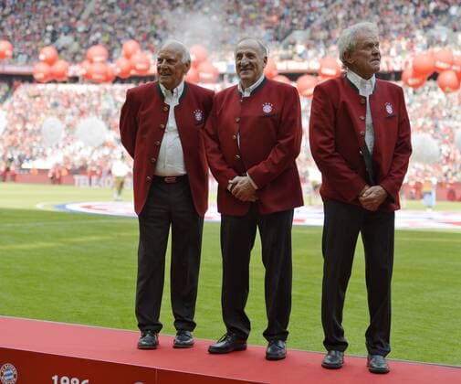 14.05.2016, Fussball 1.Bundesliga 2015 2016, 34.Spieltag, FC Bayern München - Hannover 96, in der Allianz-Arena München. Franz Roth, Hans-Georg žKatscheœ Schwarzenbeck und Sepp Maier (alle Bayern München). 