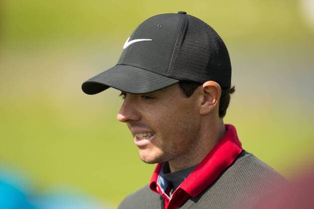 Golf, Irish Open, Training 17.05.2016. The K Club, Straffan, Co. Kildare, Ireland. Dubai Duty Free Irish Open Golf Championship Practice. Rory Mcilroy gives an interview on the 18th green. xPeterxFitzpatrickx  ActionPlus11738135