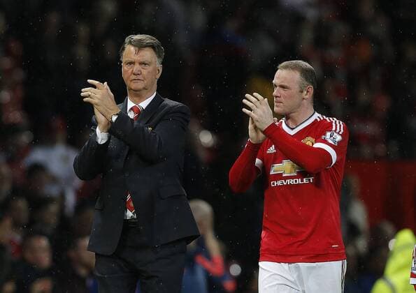 Louis van Gaal manager of Manchester United ManU and Wayne Rooney of Manchester United during the Barclays Premier League match at Old Trafford Manchester. Photo credit should read: Simon Bellis Sportimage EDITORIAL USE ONLY. No use with unauthorised audio, video, data, fixture lists, club league logos or live services. Online in-match use limited to 120 images, no video emulation. No use in betting, games or single club league player publications.