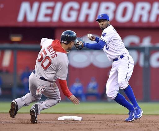 May 17, 2016 - Kansas City, MO, USA - Kansas City Royals shortstop Alcides Escobar forces out the Boston Red Sox s Mookie Betts at second before completing the double play on Dustin Pedroia at first to end the third inning on Tuesday, May 17, 2016, at Kauffman Stadium in Kansas City, Mo. Boston at Kansas City - ZUMAm67_