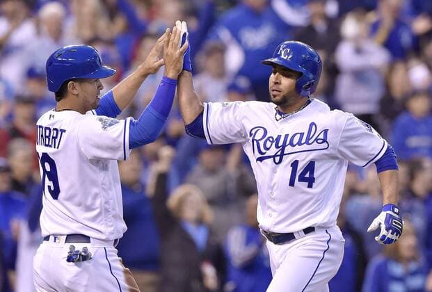 May 17, 2016 - Kansas City, MO, USA - The Kansas City Royals Cheslor Cuthbert, left, and Omar Infante (14) score on a single by Paulo Orlando in the fourth inning against the Boston Red Sox on Tuesday, May 17, 2016, at Kauffman Stadium in Kansas City, Mo. Boston at Kansas City - ZUMAm67_