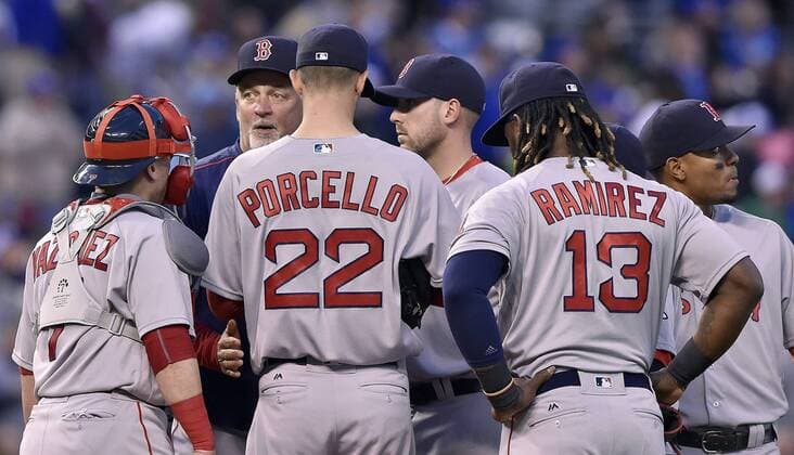 May 17, 2016 - Kansas City, MO, USA - Boston Red Sox pitching coach Carl Willis makes a visit to the mound to talk with starting pitcher Rick Porcello in the fourth inning against the Kansas City Royals on Tuesday, May 17, 2016, at Kauffman Stadium in Kansas City, Mo. Boston at Kansas City - ZUMAm67_