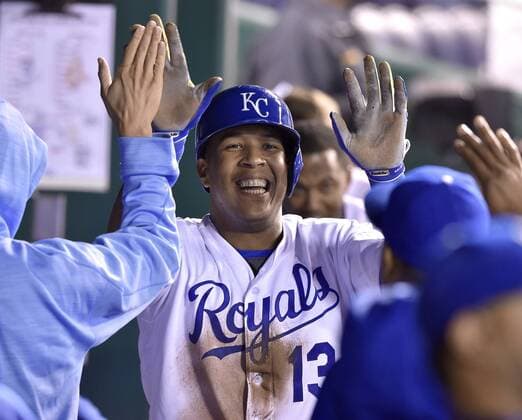 May 17, 2016 - Kansas City, MO, USA - The Kansas City Royals Salvador Perez is congratulated after scoring in the eighth inning against the Boston Red Sox on Tuesday, May 17, 2016, at Kauffman Stadium in Kansas City, Mo. The Royals won, 8-4. Boston at Kansas City - ZUMAm67_