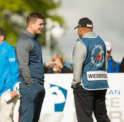 18.05.2016. The K Club, Straffan, Co. Kildare, Ireland. Dubai Duty Free Irish Open Golf Championship Pro-AM. Brian O Driscoll talks to Bernd Wiesberger s caddy on the 10th tee. xPeterxFitzpatrickx  ActionPlus11738294