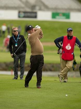 17.05.2016. The K Club, Straffan, Co. Kildare, Ireland. Dubai Duty Free Irish Open Golf Championship Pro-AM. JP McManus takes his second shot on the 1st fairway. xPeterxFitzpatrickx  ActionPlus11738365