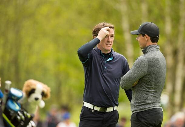 17.05.2016. The K Club, Straffan, Co. Kildare, Ireland. Dubai Duty Free Irish Open Golf Championship Pro-AM. AP McCoy and Rory Mcilroy have a chat on the 2nd fairway. xPeterxFitzpatrickx  ActionPlus11738372