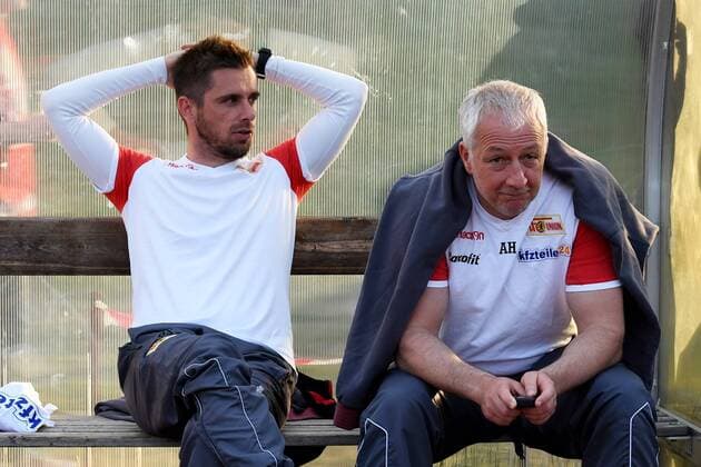 Fussball, Herren, Saison 2015 16, Testspiel, VSG Altglienicke - 1. FC Union Berlin, Co-Traininer Sebastian Bönig (1. FC Union Berlin), Cheftrainer Andre Hofschneider (1. FC Union Berlin), 19.05.2016,