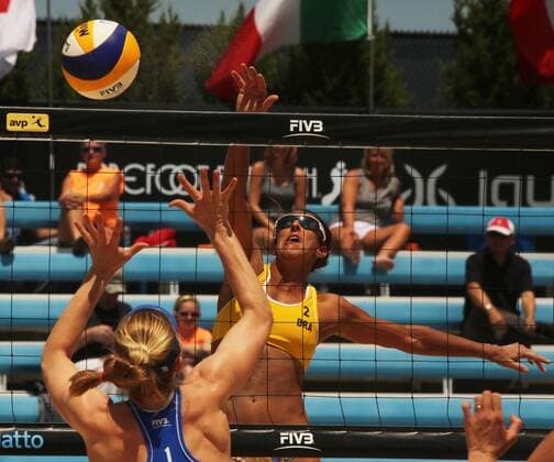 May 19, 2016 - Cincinnati, Ohio, U.S - Josemar Alves of Brazil on the right hits over a blocker during play on Thu May 19, 2016. During play in the AVP FIVB Cincinnati Open . In Cincinnati,Ohio. AVB FiVB Beach volleyball Beachvolleyball Cincinnati Open - ZUMAc199