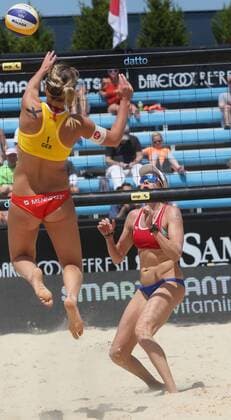 May 19, 2016 - Cincinnati, Ohio, U.S - Isabel Schneider of Germany hit over U.S.A Kerri Walsh . On Thu May 19.2016. During play in the AVP FIVB Cincinnati open Beach volleyball Beachvolleyball event AVP FiVB Beach Volleyball Cincinnati Open - ZUMAc199