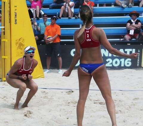 May 19, 2016 - Cincinnati, Ohio, U.S - Kerri Walsh on the left and teammate April Ross of U.S.A react after winning a point . On Thu May 19,2016 During play in the AVP FIVB Cincinnati Open AVB FiVB Beach volleyball Beachvolleyball Cincinnati Open - ZUMAc199