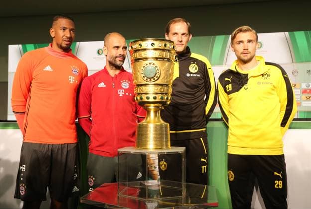 Bilder des Tages - Sport GER, DFB Pokal Finale 2016, PK, Bayern Muenchen vs Borussia Dortmund 20.05.2016, OLympiastadion, Berlin, GER, DFB Pokal Finale 2016, PK, Bayern Muenchen vs Borussia Dortmund, im Bild Jerome Boateng (FC Bayern Muenchen), Trainer, Josep Guardiola (FC Bayern Muenchen), Cheftrainer (Head Coach) Thomas Tuchel (Borussia Dortmund), Marcel Schmelzer (Borussia Dortmund) nordphotox xEngler