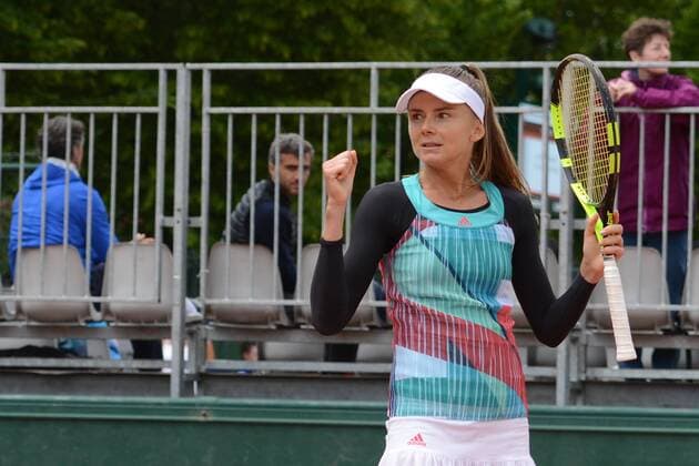 May 20, 2016 - Paris, France - DANIELA HANTUCHOVA celebrates winning her match vs. J. Brady in the French Open Qualifying Tournament. Tennis 2016 - French Open Qualifying Tournament - Day 5 - ZUMAl132