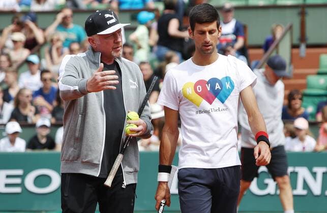 TENNIS - ATP Tennis Herren French Open 2016 PARIS,FRANCE,21.MAY.16 - TENNIS - ATP World Tour, Roland Garros, French Open, Grand Slam, training. Image shows Boris Becker and Novak Djokovic (SRB). GEPAxpictures xMatthiasxHauer