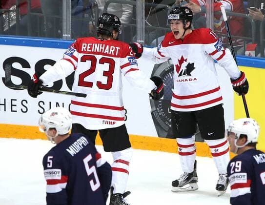 Canada s Sam Reinhart (L) and Brendan Gallagher celebrate scoring in the 2016 IIHF World Championship WM Weltmeisterschaft semifinal Ice hockey Eishockey match against the United States at VTB Ice Palace in Moscow, Russia, May 21, 2016. Artyom Korotayev TASS  TS023F8B