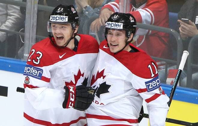 Canada s Sam Reinhart (L) and Brendan Gallagher celebrate scoring in the 2016 IIHF World Championship WM Weltmeisterschaft semifinal Ice hockey Eishockey match against the United States at VTB Ice Palace in Moscow, Russia, May 21, 2016. Artyom Korotayev TASS  TS023F8C