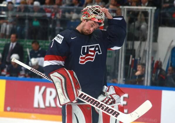US goalie Keith Kinkaid in the 2016 IIHF World Championship WM Weltmeisterschaft semifinal Ice hockey Eishockey match against Canada at VTB Ice Palace in Moscow, Russia, May 21, 2016. Sergei Fadeichev TASS  TS023F99