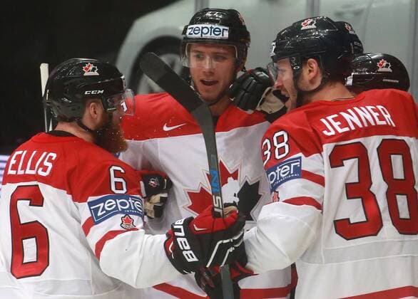 Canada s Ryan Ellis, Ryan Murray and Boone Jenner (L-R) celebrate scoring in the 2016 IIHF World Championship WM Weltmeisterschaft semifinal Ice hockey Eishockey match against the United States at VTB Ice Palace in Moscow, Russia, May 21, 2016. Sergei Fadeichev TASS  TS023F9B