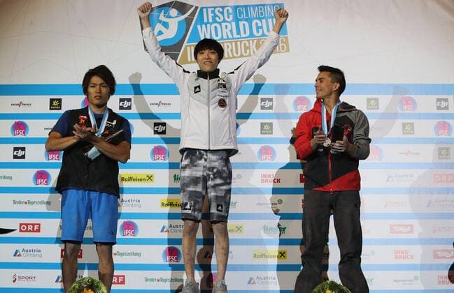 CLIMBING - IFCS World Cup 2016 INNSBRUCK,AUSTRIA,21.MAY.16 -CLIMBING - IFSC Climbing World Cup, bouldering, men, award ceremony. Image shows Tomoa Narasaki (JPN), Jongwon Chon (KOR) and Sean Mccoll (CAN). GEPAxpictures xAndreasxPranter