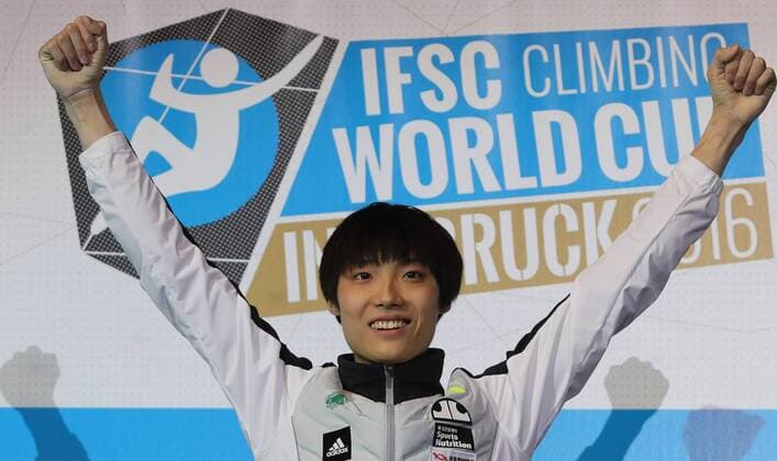 CLIMBING - IFCS World Cup 2016 INNSBRUCK,AUSTRIA,21.MAY.16 -CLIMBING - IFSC Climbing World Cup, bouldering, men, award ceremony. Image shows Jongwon Chon (KOR). GEPAxpictures xAndreasxPranter