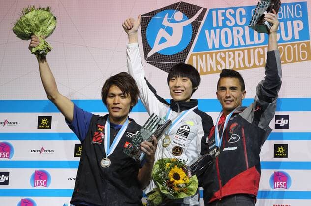 CLIMBING - IFCS World Cup 2016 INNSBRUCK,AUSTRIA,21.MAY.16 -CLIMBING - IFSC Climbing World Cup, bouldering, men, award ceremony. Image shows Tomoa Narasaki (JPN), Jongwon Chon (KOR) and Sean Mccoll (CAN). GEPAxpictures xAndreasxPranter