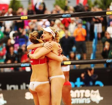 May 21, 2016 - Cincinnati, Ohio, U.S - Teammates Kerri Walsh and April Ross hug after beating the woman s team from China in three sets. On Sat May 21, 2016. In the Championship match of the AVP FIVB Cincinnati Open and Quaffed to be member of the upcoming Olympic team for the U.SA. AVP FiVB Beach volleyball Beachvolleyball Cincinnati Open - ZUMAc199