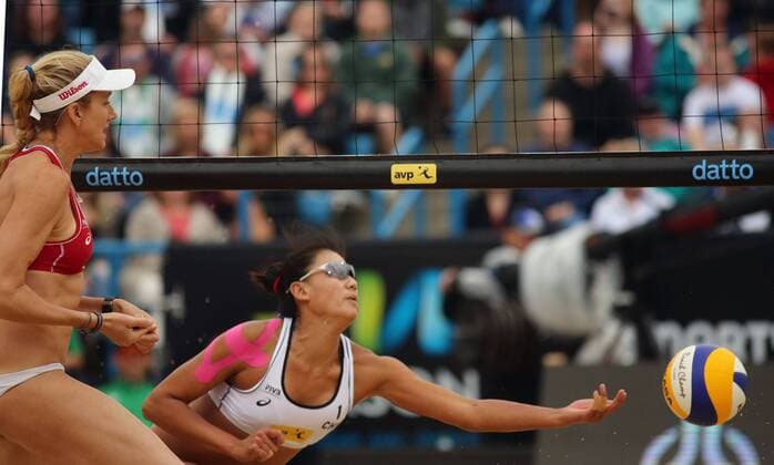 May 21, 2016 - Cincinnati, Ohio, U.S - China Chen Xue try s to get to a ball to keep it in play. On Sat May 21, 2016 during play in the AVP FIVB Cincinnati open woman Beach volleyball Beachvolleyball . As Kerri Walsh keep close after she block the ball. AVP FiVB Beach Volleyball Cincinnati Open - ZUMAc199