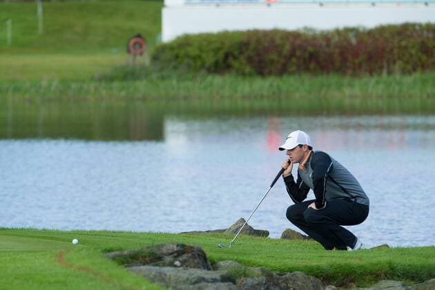 22.05.2016. The K Club, Straffan, Co. Kildare, Ireland. Dubai Duty Free Irish Open Golf Championship Round 3 completion held over from Saturday due to bad weather. Rory Mcilroy lines up his putt on the 18th green. xPeterxFitzpatrickx  ActionPlus11740134