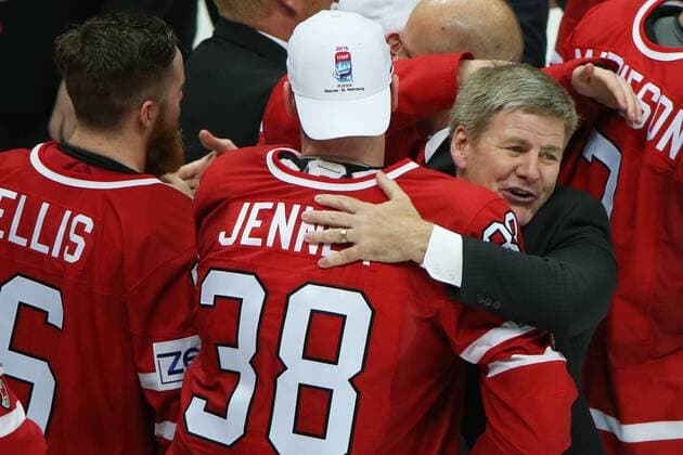 Canada s Ryan Ellis, Boone Jenner and Canada s head coach Bill Peters (L-R) celebrate winning the 2016 IIHF World Championship WM Weltmeisterschaft final Ice hockey Eishockey match against Finland at VTB Ice Palace in Moscow, Russia, May 22, 2016. The Canadian team won the game 2:0. Artyom Korotayev TASS  TS0241FC