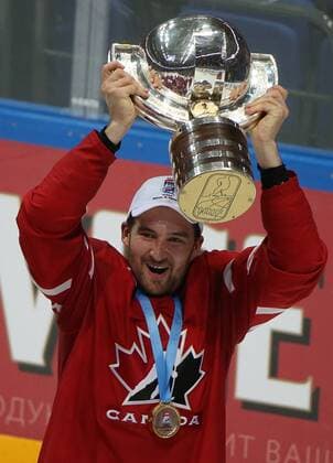 Canada s Mark Stone with a trophy at an awards ceremony following the 2016 IIHF World Championship WM Weltmeisterschaft final Ice hockey Eishockey match against Finland at VTB Ice Palace in Moscow, Russia, May 22, 2016. The Canadian team won the game 2:0. Artyom Korotayev TASS  TS02420B