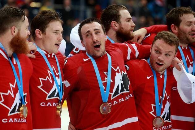 Canada s players at an awards ceremony for the 2016 IIHF World Championship WM Weltmeisterschaft final Ice hockey Eishockey match against Finland at VTB Ice Palace in Moscow, Russia, May 22, 2016. The Canadian team won the game 2:0. Sergei Fadeichev TASS  TS024226