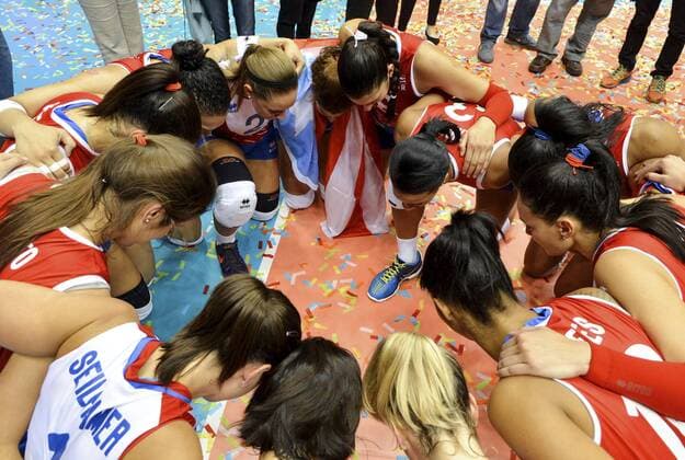 Puerto Rican players (C) pray after defeating Kenya in their2016 Women volleyball s Olympic Qualifying Tournament s match at Coliseo Roberto Clemente pavilion in San Juan, Puerto Rico, on 22 May 2016. Puerto Rico qualified for Rio Olympic Games Olympische Spiele Olympia OS for the first time ever after defeating Kenya 25-8, 25-23, 25-15. Puerto Rican women s volleyball team qualifies for Rio Olympic Games for the first time ever !ACHTUNG: NUR REDAKTIONELLE NUTZUNG!  20160523-635995907857921565