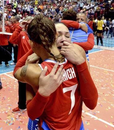 Puerto Rican players Stephanie Enright (front) and Vilmarie Mojica (rear) celebrate after defeating Kenya in their2016 Women volleyball s Olympic Qualifying Tournament s match at Coliseo Roberto Clemente pavilion in San Juan, Puerto Rico, on 22 May 2016. Puerto Rico qualified for Rio Olympic Games Olympische Spiele Olympia OS for the first time ever after defeating Kenya 25-8, 25-23, 25-15. Puerto Rican women s volleyball team qualifies for Rio Olympic Games for the first time ever !ACHTUNG: NUR REDAKTIONELLE NUTZUNG!  20160523-635995907867749124